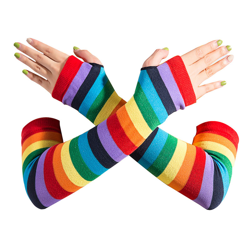 Long Rainbow Striped Party Fingerless Gloves